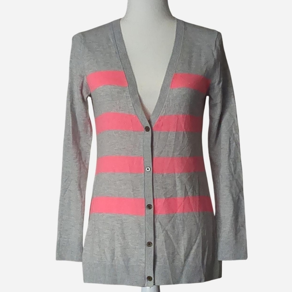 GAP Preppy Boyfriend Cardigan Sweater Gray Neon Pink Striped Wool Blend S